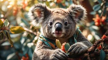 A close-up of a koala perched on a branch, surrounded by leaves and flowers. photo