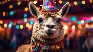 A festive llama wearing a party hat and colorful decorations at a vibrant celebration. photo
