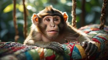 A curious monkey gazes thoughtfully while resting on a colorful quilt. photo
