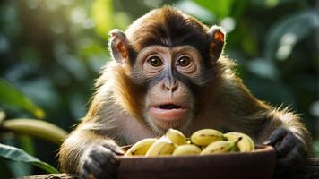 A curious monkey gazes at a bowl of bananas in a lush green setting. photo