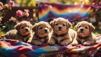 Four adorable puppies resting on a colorful blanket in a garden setting. photo