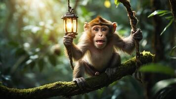 A monkey holding a lantern while perched on a tree branch in a lush forest. photo