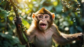 A playful monkey hanging from a branch amidst lush greenery and bubbles. photo