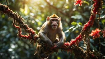 A monkey resting on a branch surrounded by vibrant flowers in a sunlit forest. photo