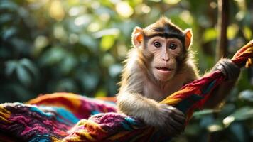 A curious monkey resting on a colorful hammock amidst lush greenery. photo
