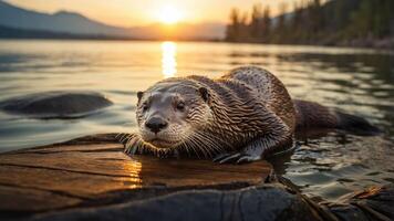 A playful otter lounging on a rock by a serene lake during sunset. photo