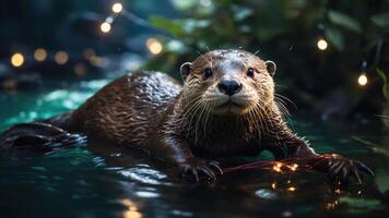 A playful otter in a serene water setting, surrounded by greenery and soft lights. photo