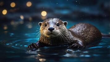 An otter swimming in a serene water setting, surrounded by soft lighting. photo