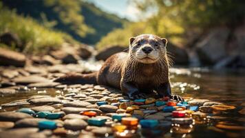 An otter rests on a rocky riverbank, surrounded by colorful stones and a serene natural backdrop. photo