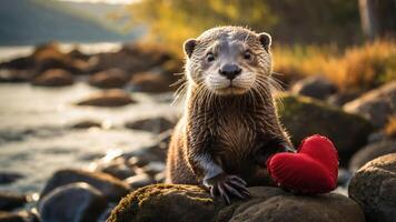 A playful otter holds a red heart-shaped pillow by the water, showcasing affection. photo
