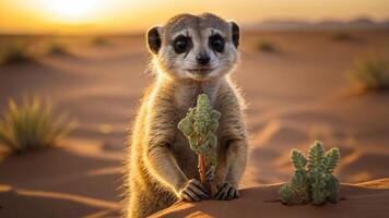 A meerkat holds a plant in a desert landscape during sunset. photo