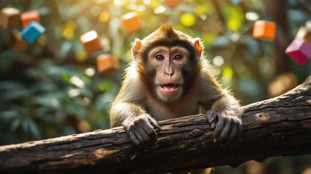 A monkey perched on a branch, surrounded by colorful blocks in a lush environment. photo