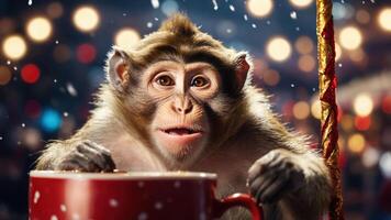 A monkey enjoying a warm drink in a festive, illuminated setting. photo