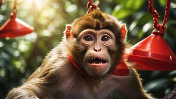 A close-up of a monkey with red objects around its neck, set against a lush green background. photo