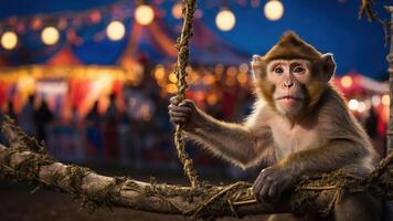 A monkey perched on a branch against a festive background with lights and a carnival atmosphere. photo