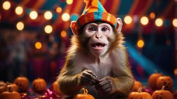 A playful monkey in a colorful hat surrounded by pumpkins at a festive event. photo