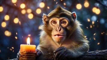 A monkey sitting beside a lit candle in a serene, illuminated setting. photo