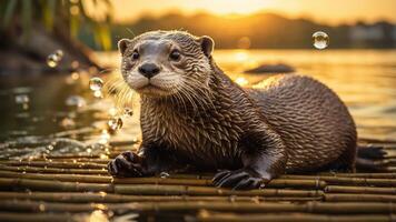 A playful otter on a bamboo platform by the water, with bubbles and a sunset backdrop. photo