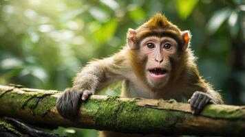 A curious monkey perched on a mossy branch in a lush green environment. photo