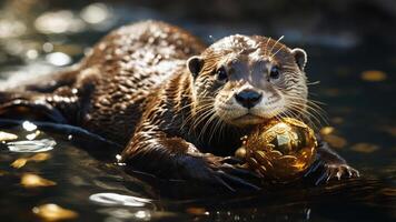A playful otter holds a golden ball while floating in a shimmering water environment. photo
