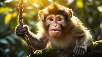 A curious monkey perched on a branch in a lush, green environment, showcasing wildlife. photo