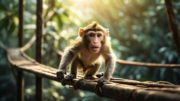 A young monkey exploring a rope bridge in a lush, green jungle setting. photo