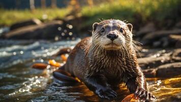 A playful otter emerges from the water, surrounded by nature and sunlight. photo