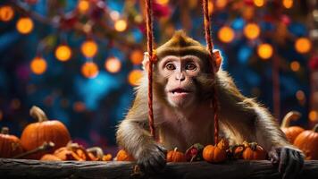 A monkey on a swing surrounded by pumpkins and festive lights, capturing a playful autumn scene. photo
