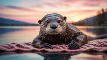 A playful otter relaxing on a cozy blanket by a serene lake at sunset. photo