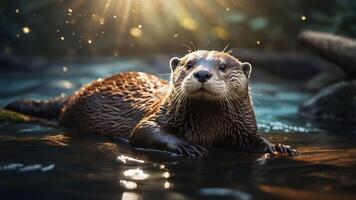 A serene otter relaxing in a sunlit pond, surrounded by nature. photo
