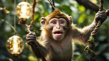 A playful monkey hanging on a vine amidst greenery and decorative lights. photo