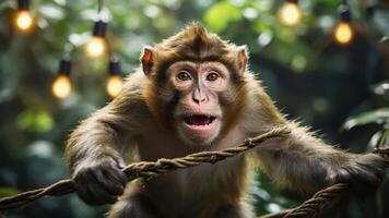 A curious monkey perched on a branch, surrounded by greenery and soft lights. photo