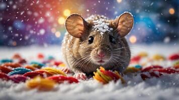 A cute mouse with snow on its head sits among colorful pasta in a whimsical winter scene. photo