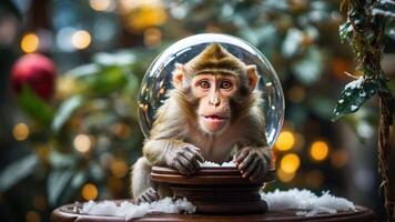 A monkey inside a glass dome surrounded by snow and festive lights, evoking a whimsical mood. photo
