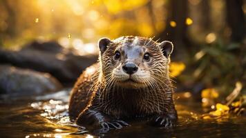 un juguetón nutria emerge desde un sereno arroyo, rodeado por otoño follaje. foto