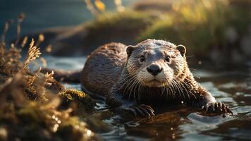 A playful otter emerges from water, surrounded by lush greenery and soft sunlight. photo