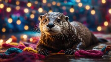 A playful otter surrounded by colorful yarn and festive lights. photo