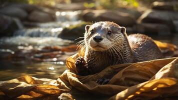A playful otter resting on fabric by a serene water source, showcasing wildlife beauty. photo