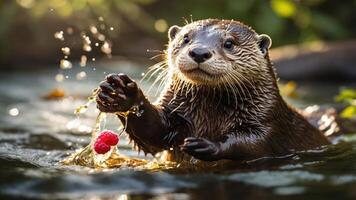 A playful otter holds a raspberry while splashing in the water. photo