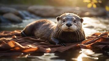 A playful otter lounging on a brown cloth by a serene water body during sunset. photo