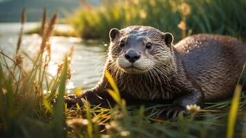A playful otter rests on the shore, surrounded by lush greenery and shimmering water. photo
