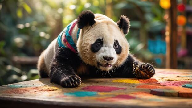A playful panda interacting with colorful powders on a table in a vibrant setting. photo