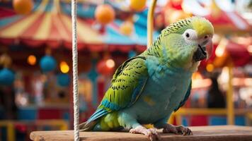 A colorful parrot perched in a vibrant carnival setting. photo