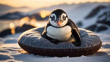 A penguin lounging on a circular cushion in a snowy landscape at sunset. photo