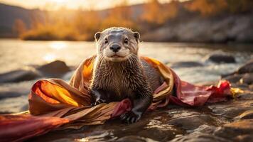 An otter poses playfully on a riverbank, draped in colorful fabric during sunset. photo