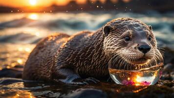 An otter curiously holds a small bowl of colorful gems by a sunset-lit water's edge. photo