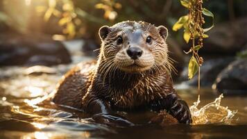 A playful otter splashes in a sunlit river, showcasing its playful nature and habitat. photo