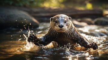 A playful otter splashes in a serene stream, showcasing its natural habitat. photo