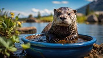 A playful otter sits in a blue bowl in a serene outdoor setting by the water. photo