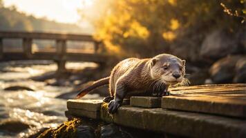 A playful otter exploring a wooden dock by a serene river at sunset. photo